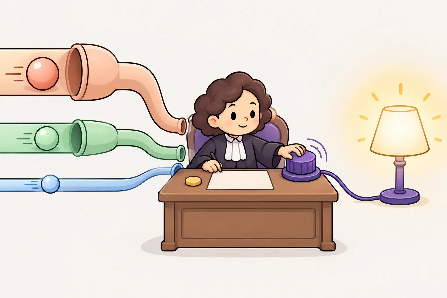 3 つの入力が、太さの違う管を通って小さな審査員のキャラクターに流れ込みます。審査員は採点表で入力を足し合わせて調光スイッチを回し、出力としてランプが明るく、または暗く光ります。