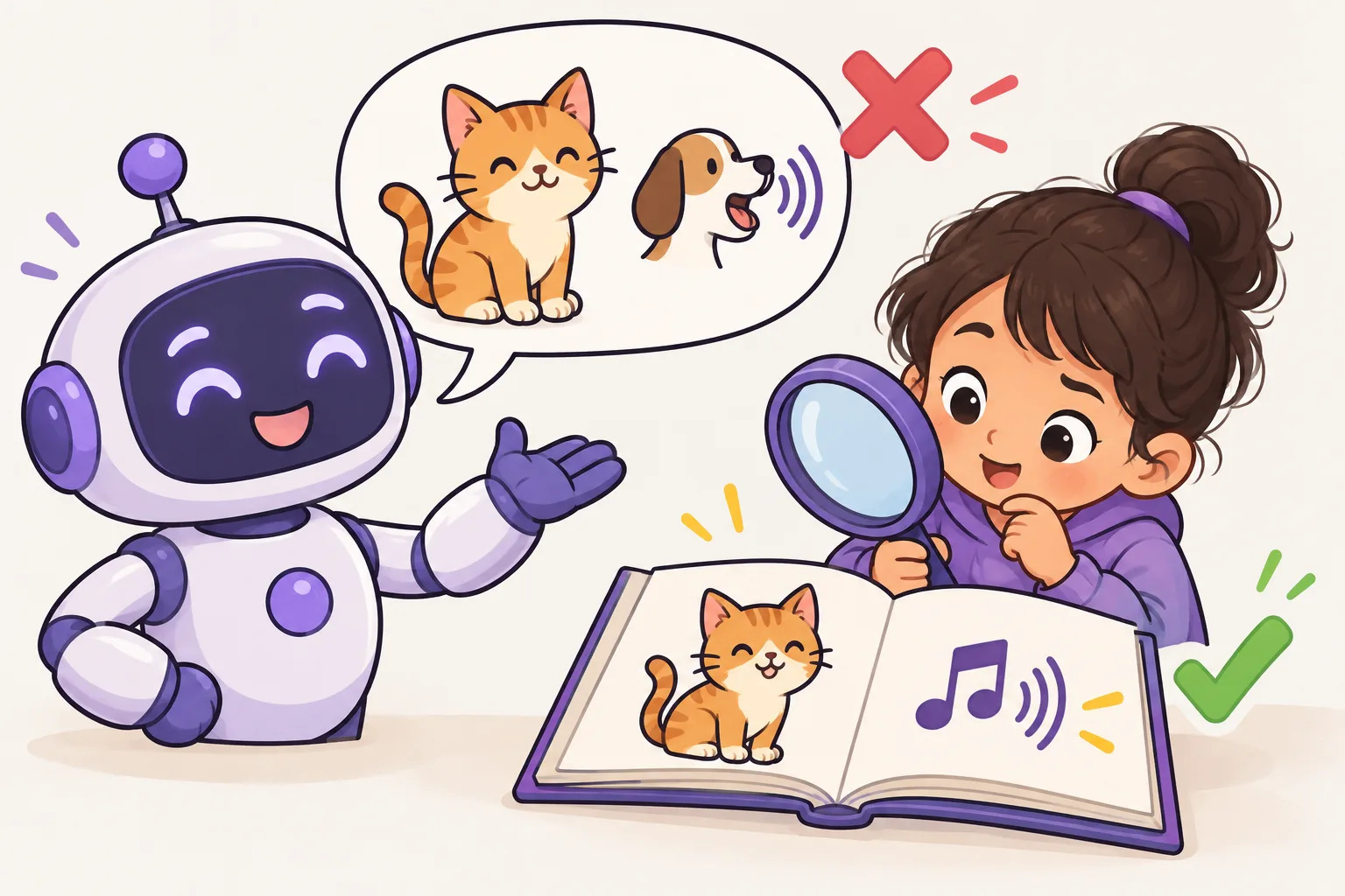 ロボットがネコの絵にイヌの鳴き声を組み合わせて自信たっぷりに見せていて、赤いバツ印がついている。虫めがねを持った子どもが絵本でネコと正しい鳴き声をたしかめていて、緑のチェック印がついている。