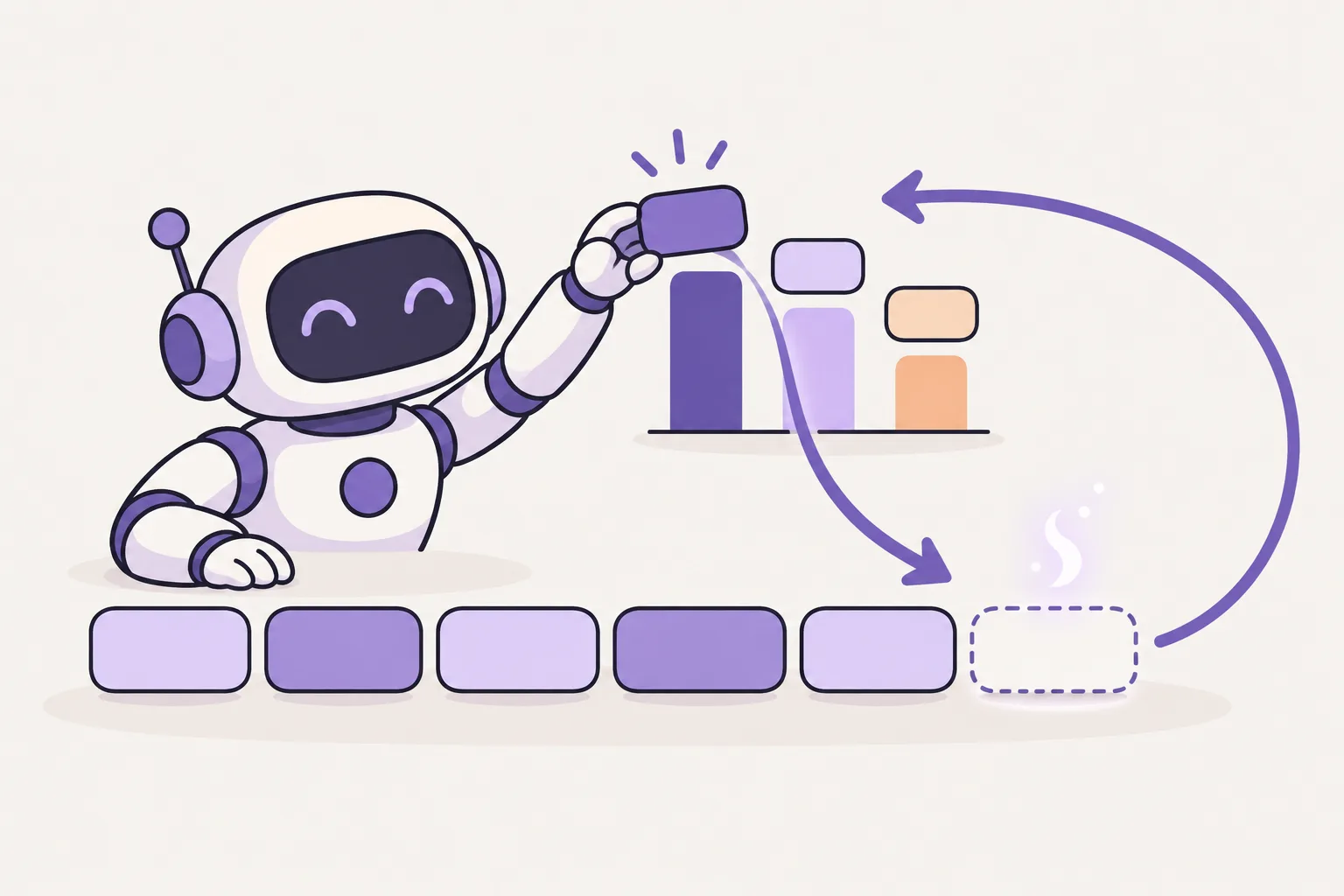 単語のブロックが一列に並び、最後に空きマスがある。その上に高さのちがう棒がついた候補ブロックが3つあり、そのうち1つが選ばれて列の最後につながり、矢印が最初に戻ってまた次を選ぶ。