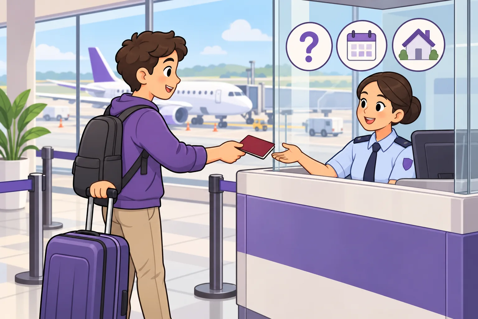 キャリーケースを引いた旅行者が、ブースの笑顔の係官に旅券を渡していて、後ろの大きな窓の向こうに飛行機が見える。