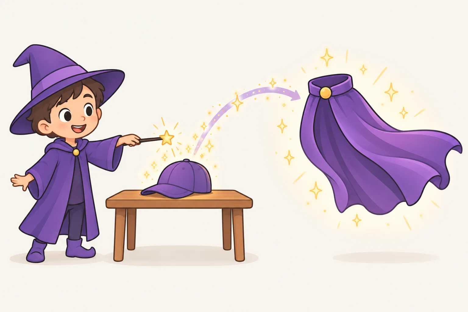小さな魔法使いの子どもが、テーブルの上のふつうのぼうしに魔法のつえを当てると、きらきら光って右側で長くひらひらしたマントに変わる。