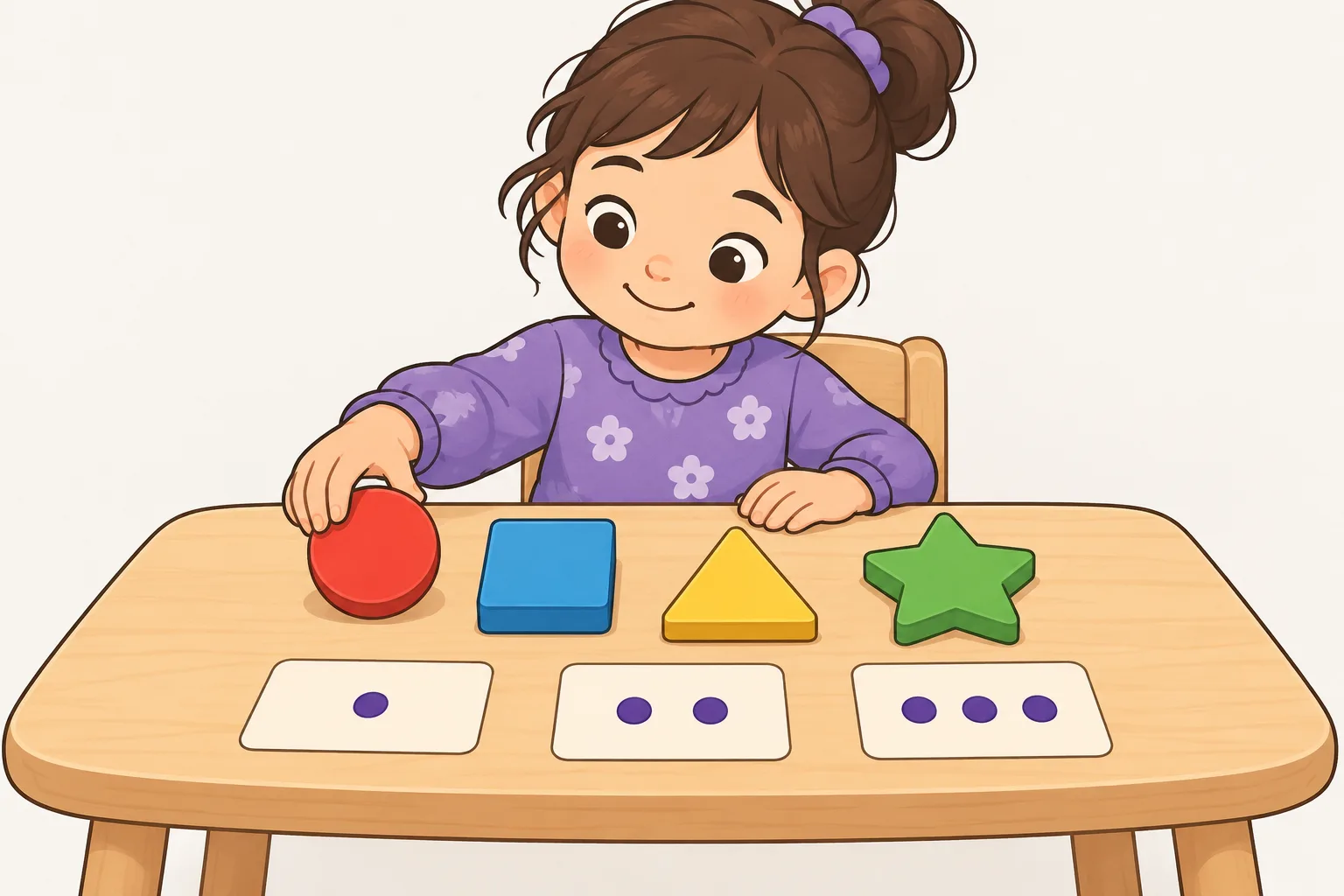 子どもがテーブルの上で、赤い丸、青い四角、黄色い三角、緑の星のやわらかい木のブロックを分けていて、そばの何も書いていない小さなカードには点が1つ、2つ、3つついている。