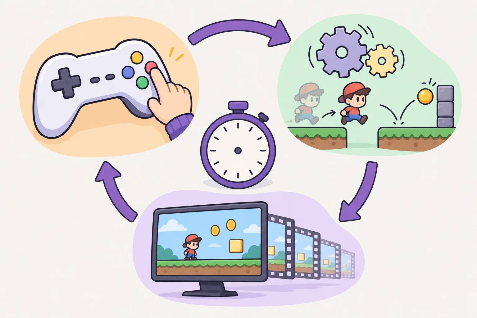 矢印でつながった3つの駅が円を作っています。ゲームコントローラー、キャラクターが歩きボールが跳ねる回る歯車、ゲームの場面を映すモニターがあり、真ん中にストップウォッチがあります。