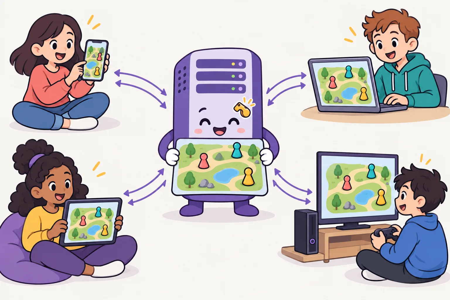 真ん中のサーバータワーが、3つのプレイヤーの駒が置かれた共有のゲーム盤を1つ持っています。周りのスマートフォン・ノートパソコン・タブレット・ゲーム機がサーバーに手を送り、同じ盤を受け取ります。