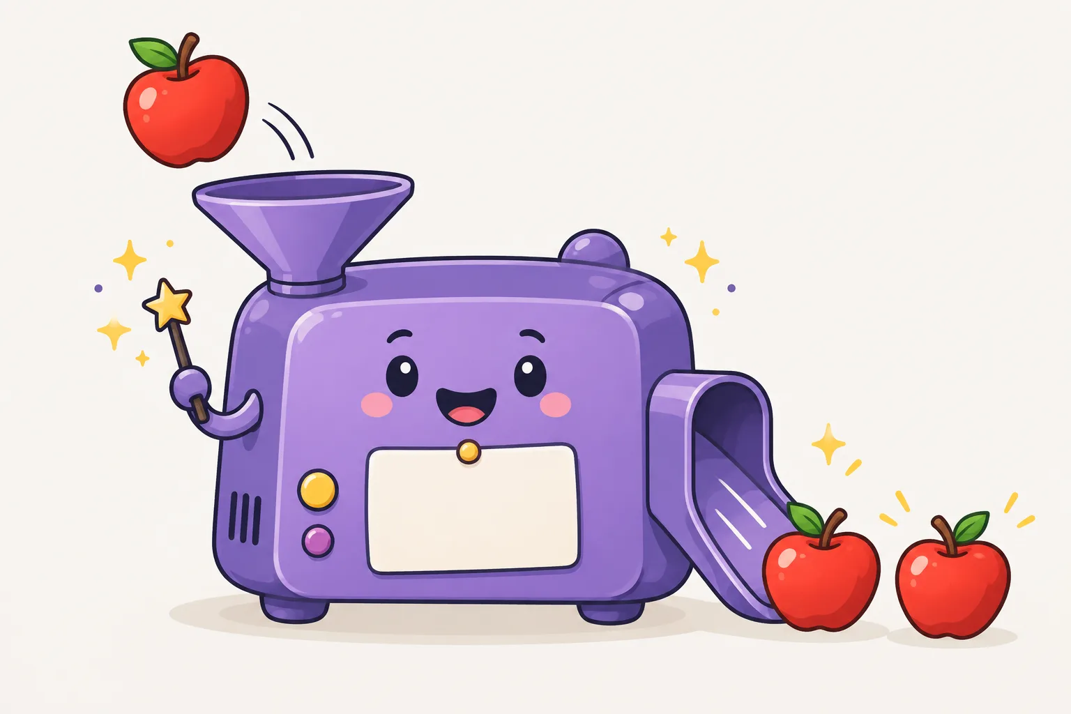 かわいい魔法の機械の上にあるじょうごに、りんごが1つ入っていきます。横のすべり台からは、りんごが2つ出てきます。