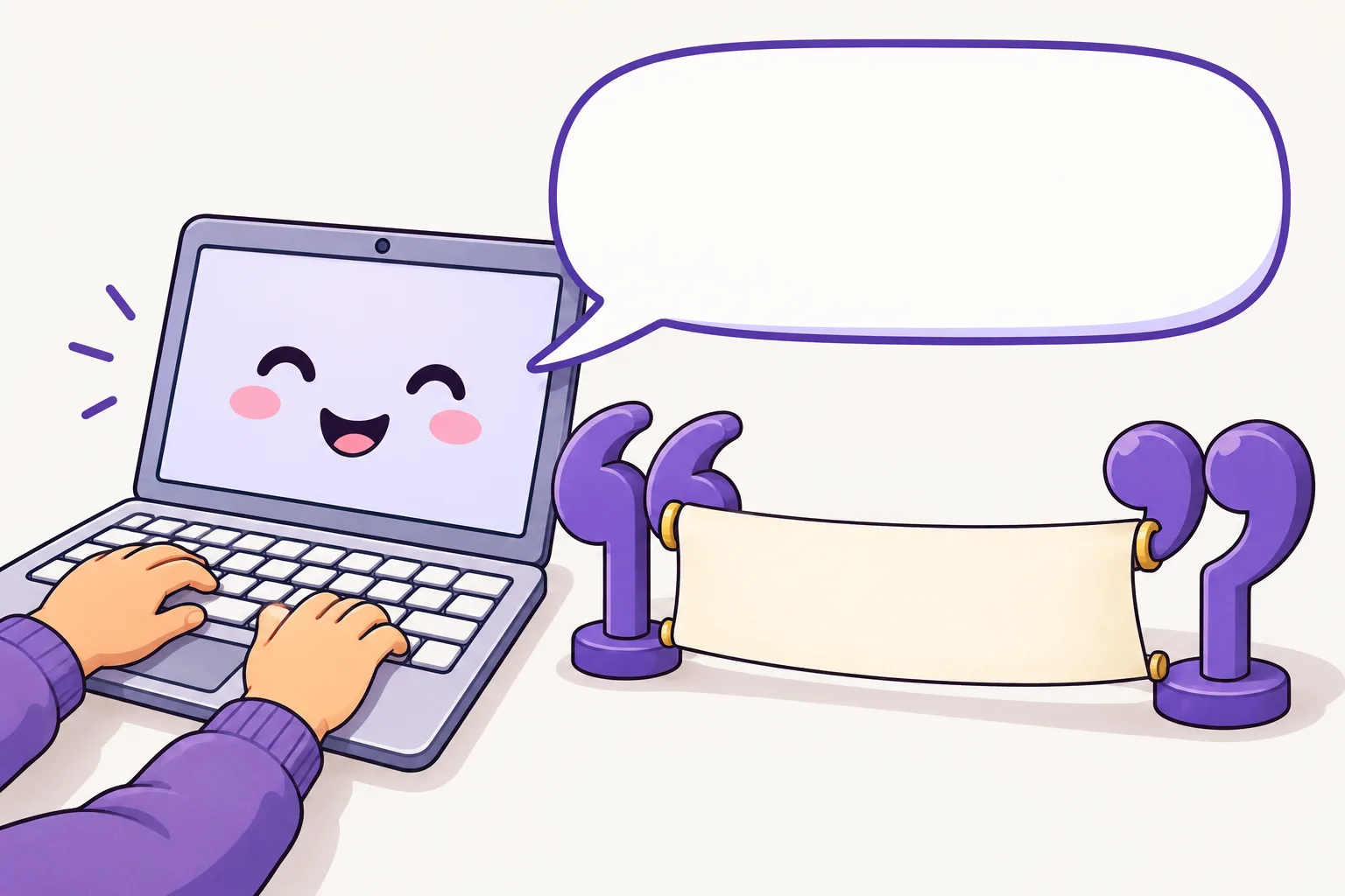 にっこり笑うノートパソコンの画面から、からっぽのふきだしが出ています。手がキーボードを打っていて、大きな引用符の形をした2本の柱のあいだに、白い紙の帯がかかっています。